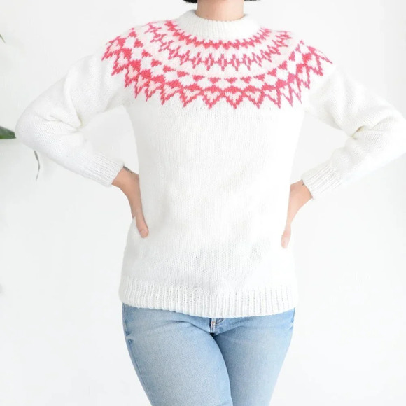 Vintage Handmade Cream Knit Cowichan Fair Isle Icelandic Fisherman Sweater S - Picture 2 of 12